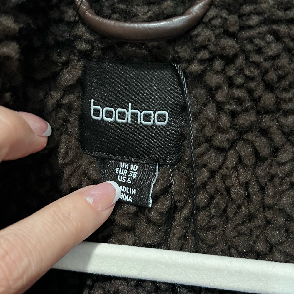 Boohoo Dark Brown Faux Leather Shearling-Trim Jacket - Picture 10 of 11